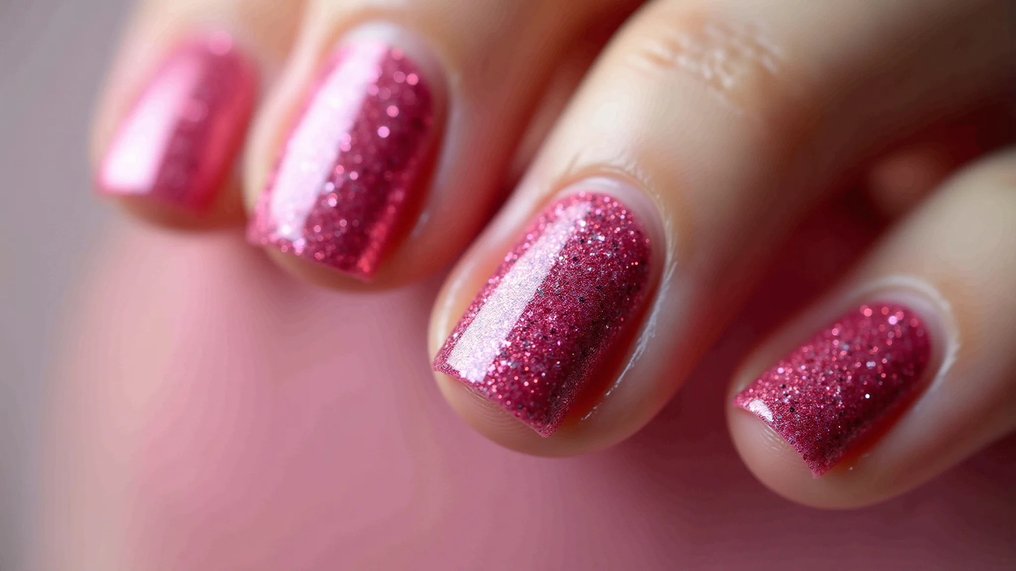 Unhas rosa pink vibrantes com glitter, fotografia profissional com foco no brilho.