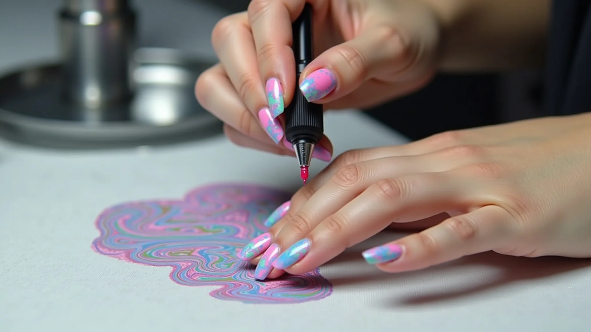 Pingando esmaltes na água para criar o efeito marmorizado nas unhas.