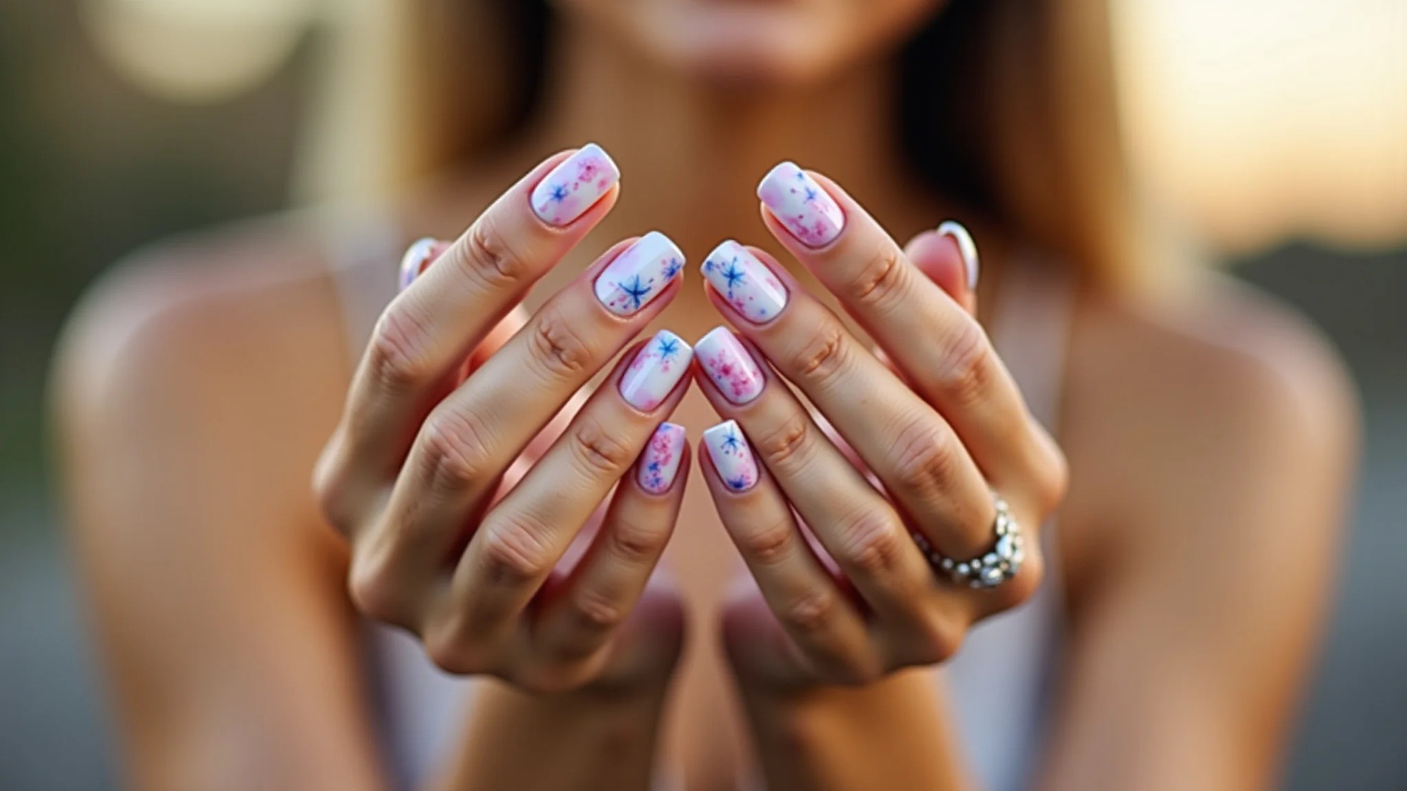 Unhas marmorizadas em tons pastel.