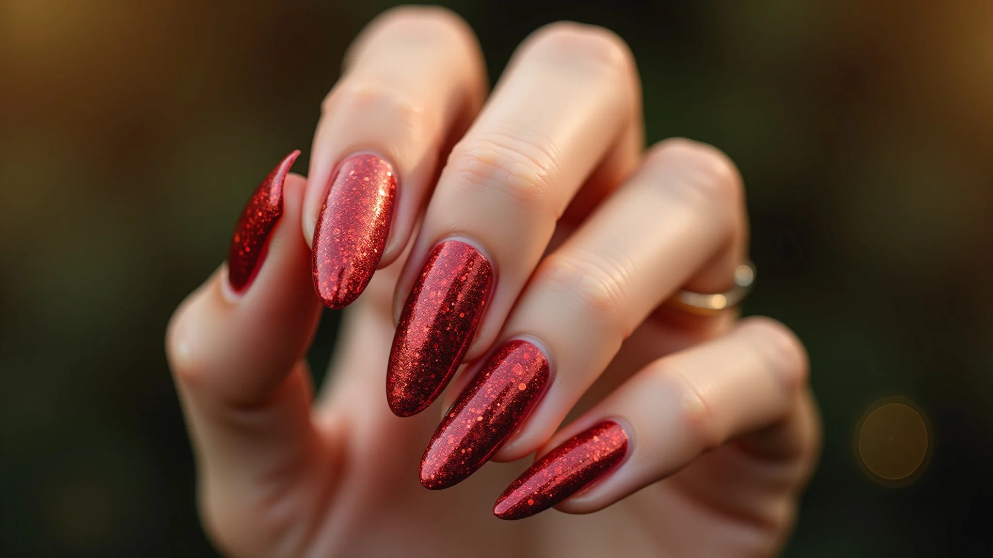 Mãos femininas com unhas natalinas perfeitas, glitter vermelho.