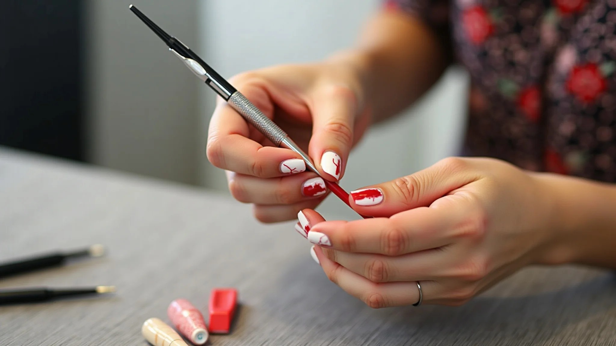 Mãos de mulher preparando unhas para decoração vermelha e branca.