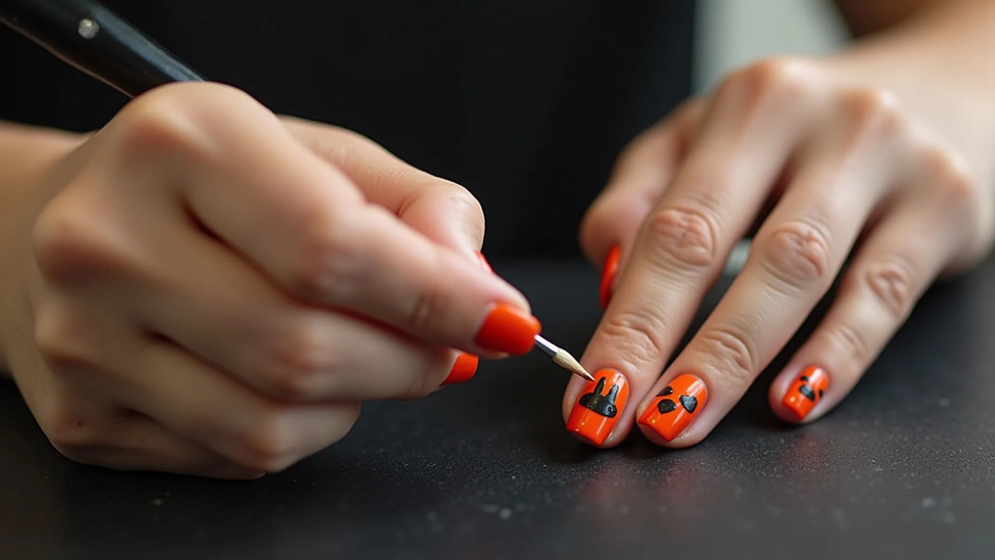 Mãos desenhando unhas de Halloween com pincel fino, close-up, alta qualidade.