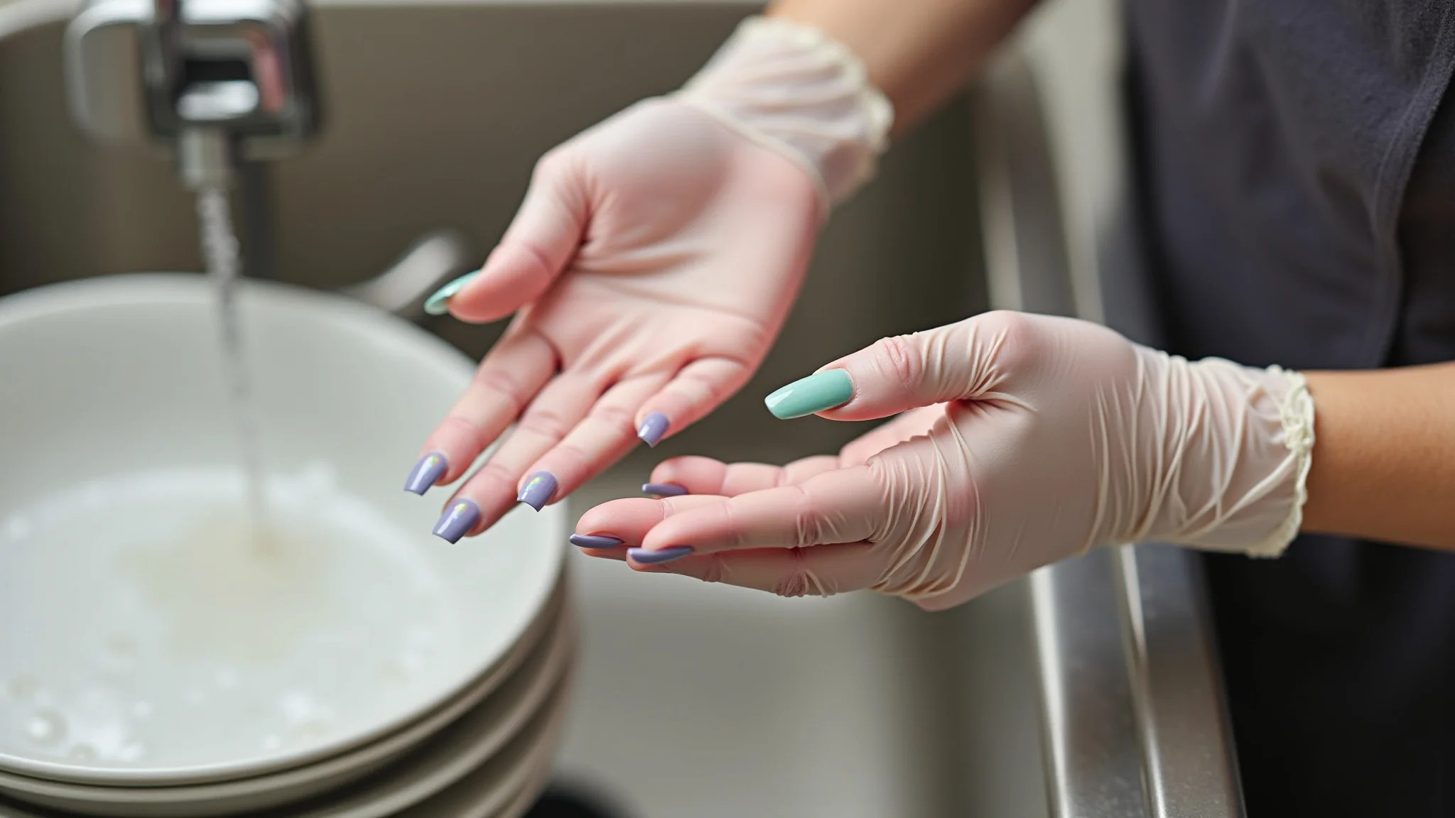 Unhas lilás e verde duradouras protegidas com luvas.