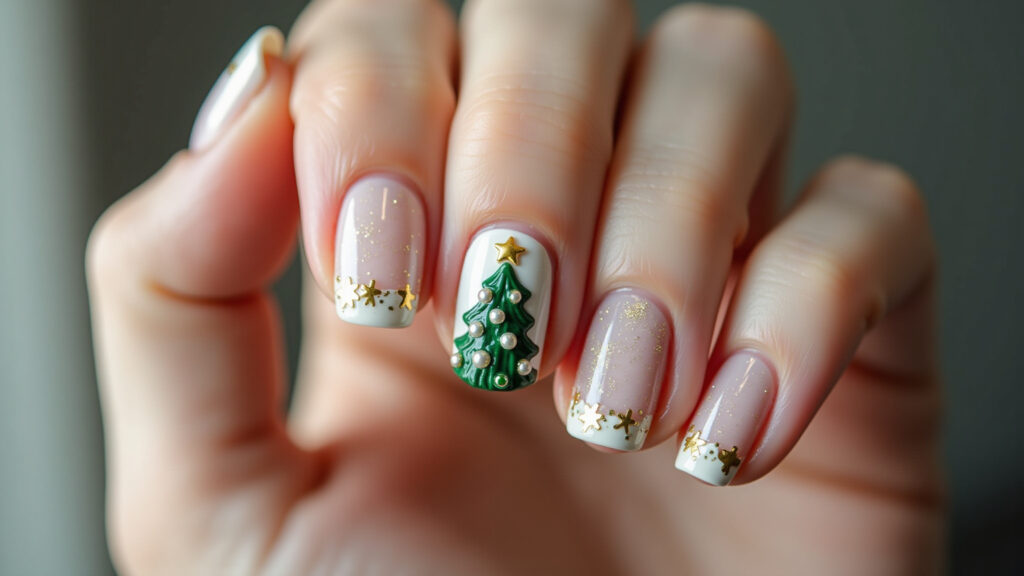 3D Christmas nail art, miniature tree, pearls. Professional photography, 8K quality, sharp focus, Unhas de Natal 3D, um toque de realismo.