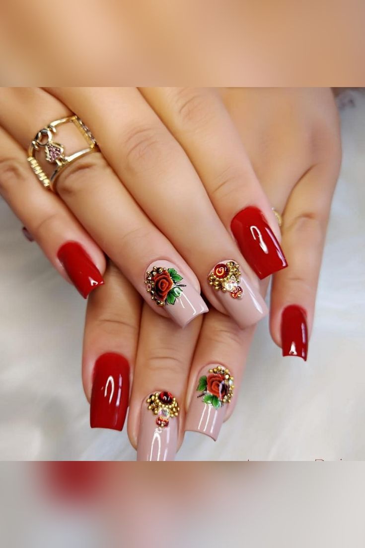 Unhas Vermelhas com Flores - Lindas
