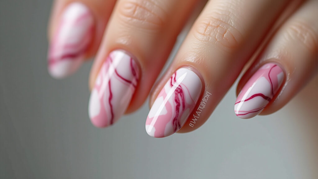 Abstract pink and white marble nail art, close-up, 8k, professional photography, sharp focus, Unhas marmorizadas rosa e branco: efeito elegante.