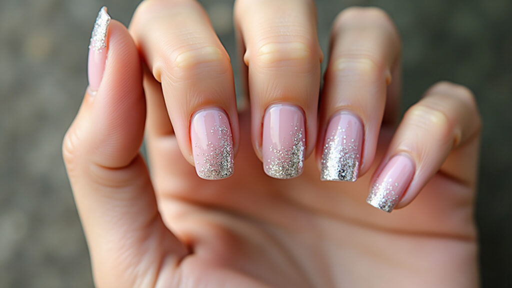 Accent nail design, glitter, special detail, lifestyle photography, 8K quality, sharp focus, Filha única com glitter e detalhe especial.