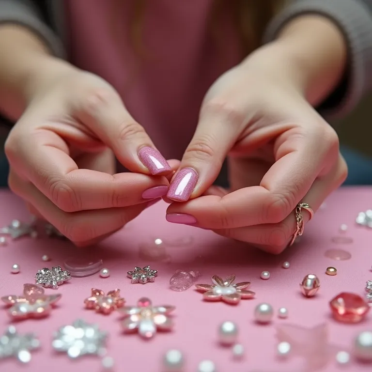Acessórios rosa: strass, pérolas e adesivos para unhas da Barbie.