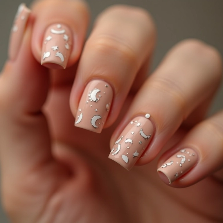 Adesivos de meia lua em unhas quadradas.