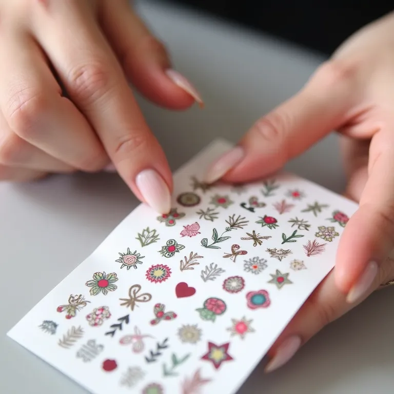 Adesivos de unha com padrões florais e geométricos.