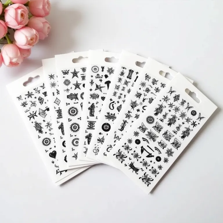 Adesivos de unha da Miss Nails com diversos designs pretos.