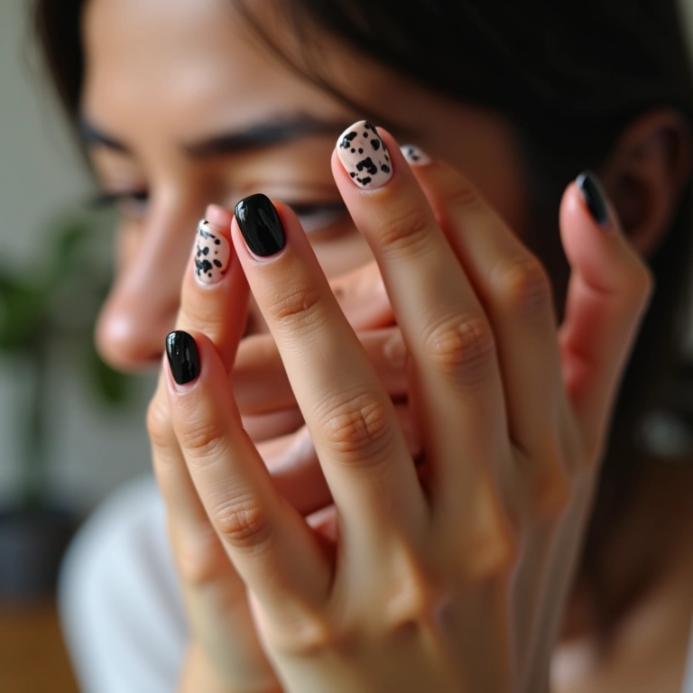 Adesivos de unhas nude e preto para decoração.