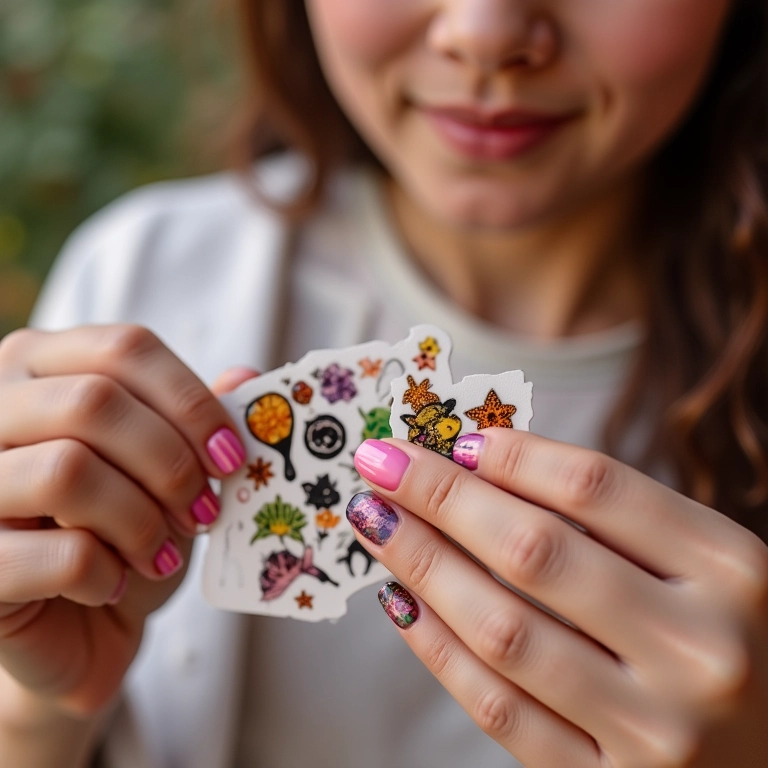 Adesivos de unhas temáticos para o Carnaval, mulher aplicando os adesivos.