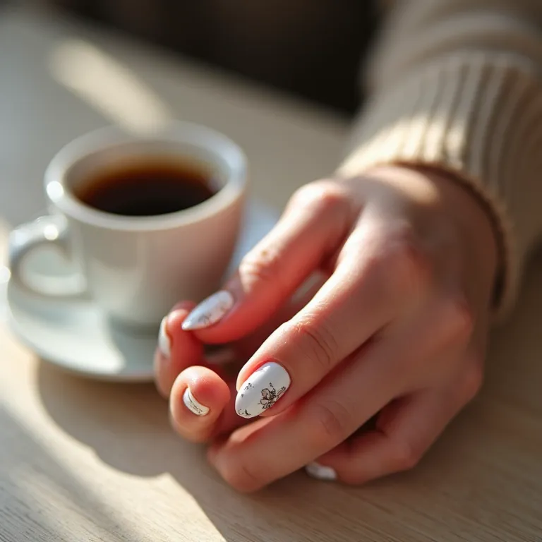 Adesivos delicados em unhas de gel.