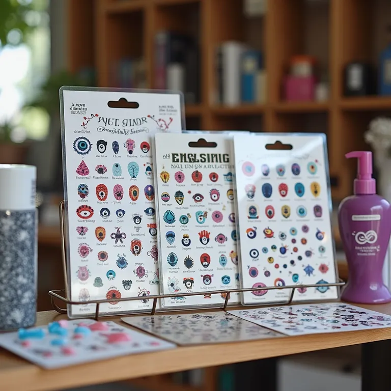 Adesivos e acessórios de olho grego para unhas.