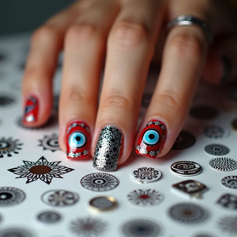 Adesivos e carimbos de olho grego para unhas criativas.