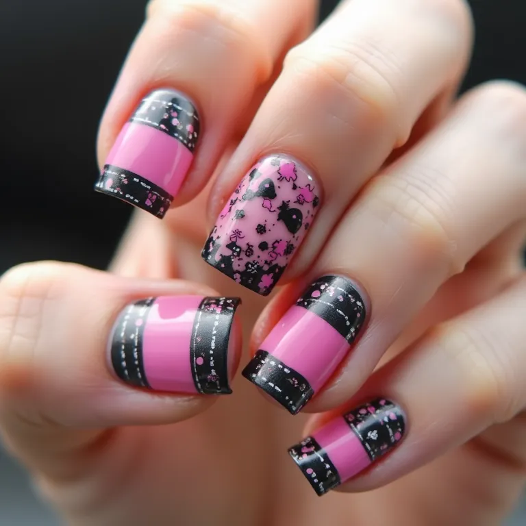 Adesivos e películas decorativas em unhas rosa e preto.