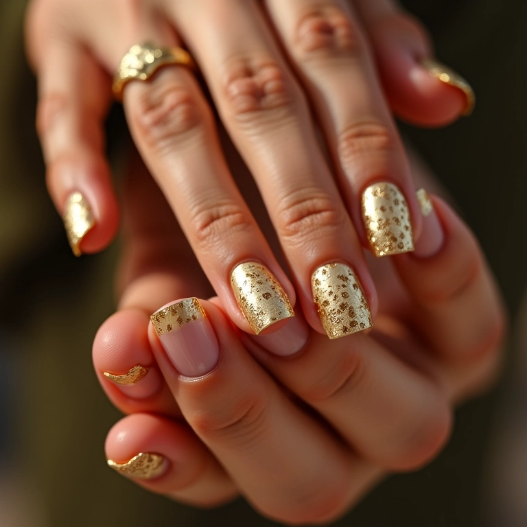 Adesivos e películas douradas em unhas bem cuidadas.