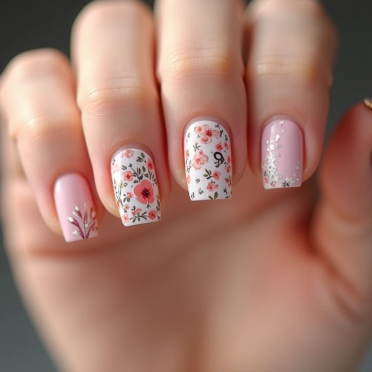 Adesivos e películas em unhas quadradas curtas.