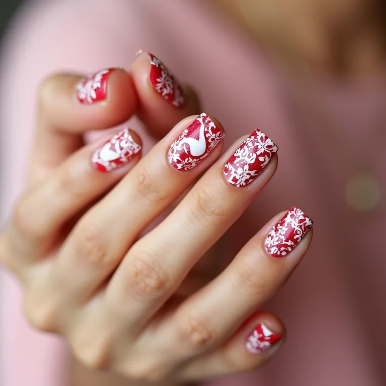 Adesivos e películas vermelhas e brancas nas unhas.