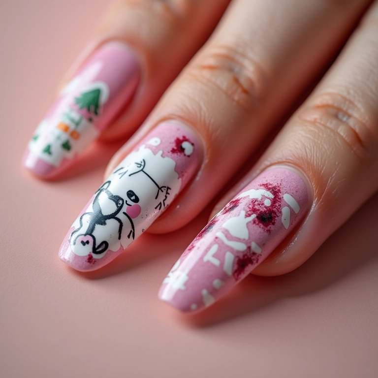 Adesivos temáticos em unhas de acrigel.