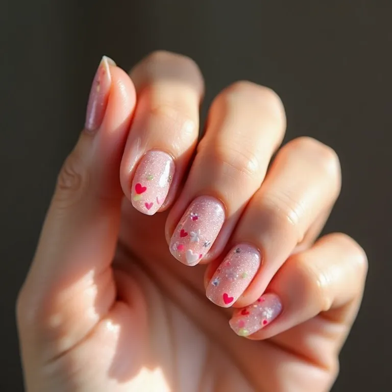 Adesivos temáticos em unhas de gel curtas.