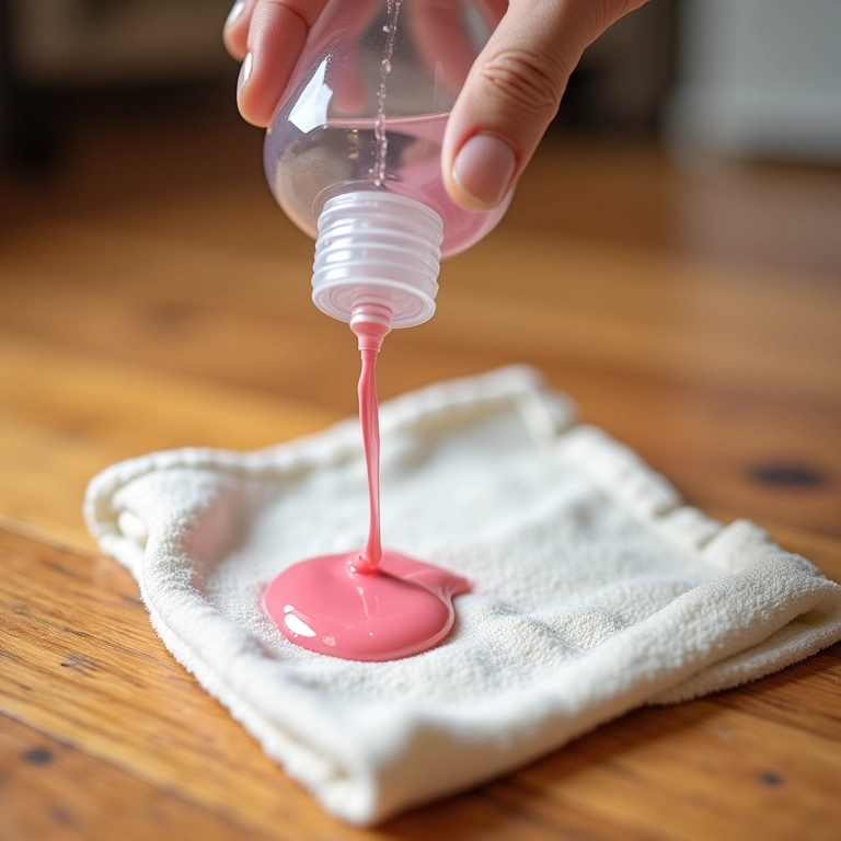 Álcool isopropílico sendo usado para limpar mancha de esmalte em piso de madeira.