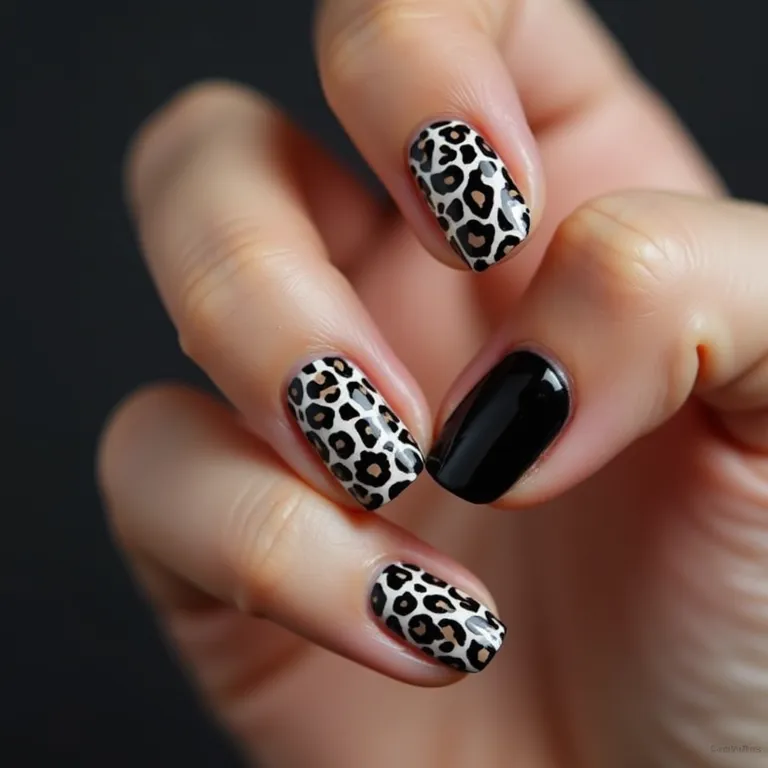 Animal print em unhas pretas, ousadia e atitude.