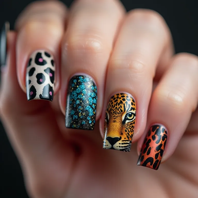 Animal print repaginado com cores inusitadas nas unhas Mandrake.