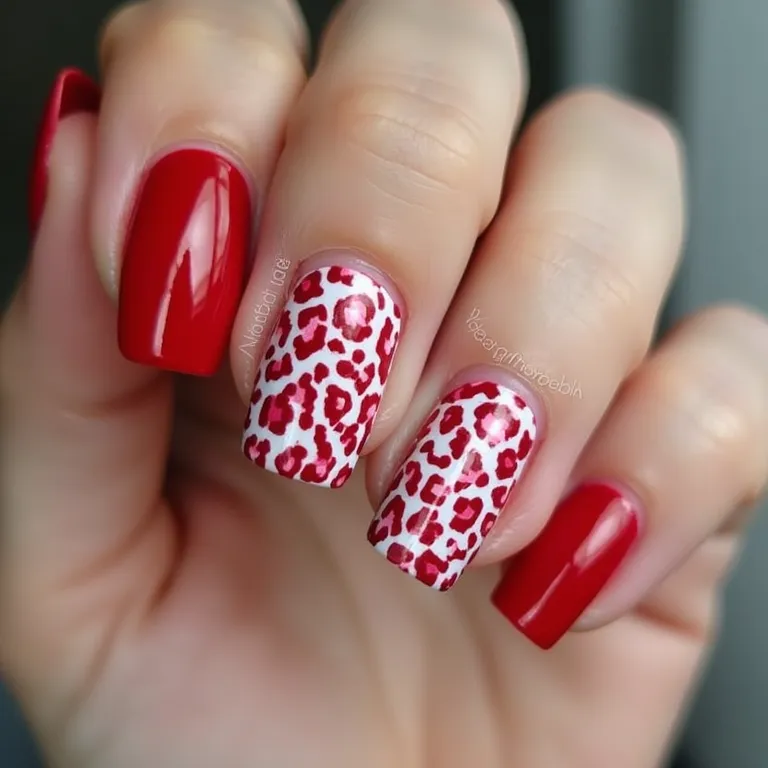 Animal print vermelho e branco nas unhas.