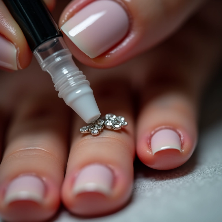 Aplicação da cola correta para fixar as pedrarias nas unhas.