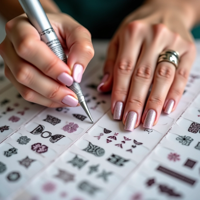 Aplicação de adesivos decorativos em unhas.