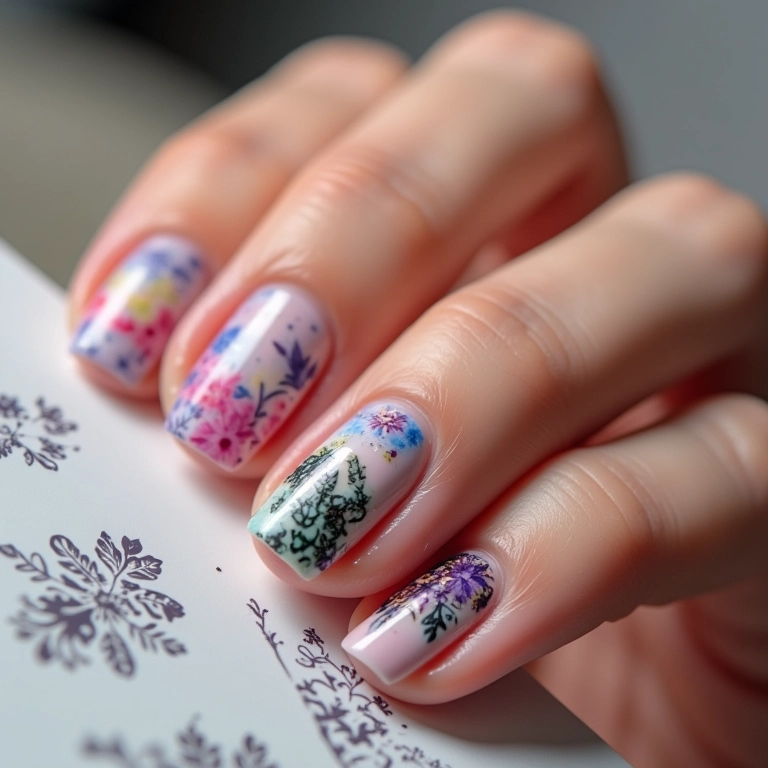 Aplicação de adesivos em unhas decoradas, mostrando praticidade e criatividade.