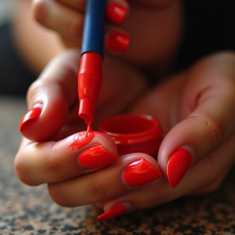 Aplicação de camadas finas de esmalte vermelho.