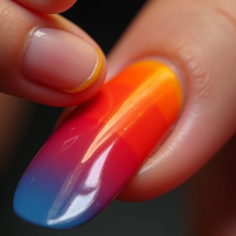 Aplicação de degradê de pôr do sol nas unhas com esponja.