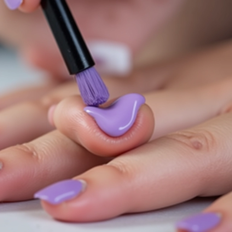 Aplicação de esmalte roxo claro, foco no pincel.