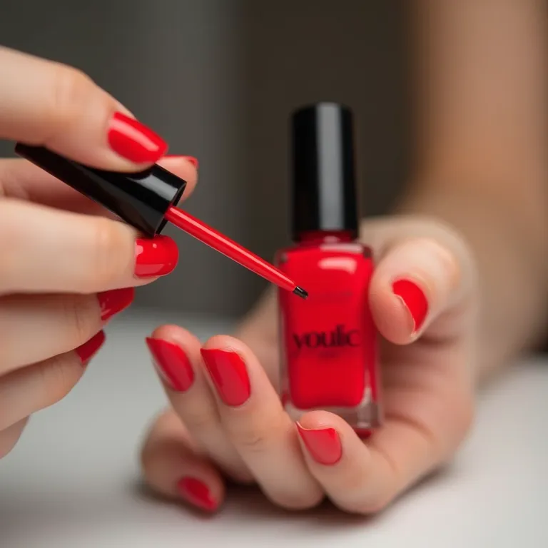 Aplicação de esmalte vermelho vibrante em unhas.