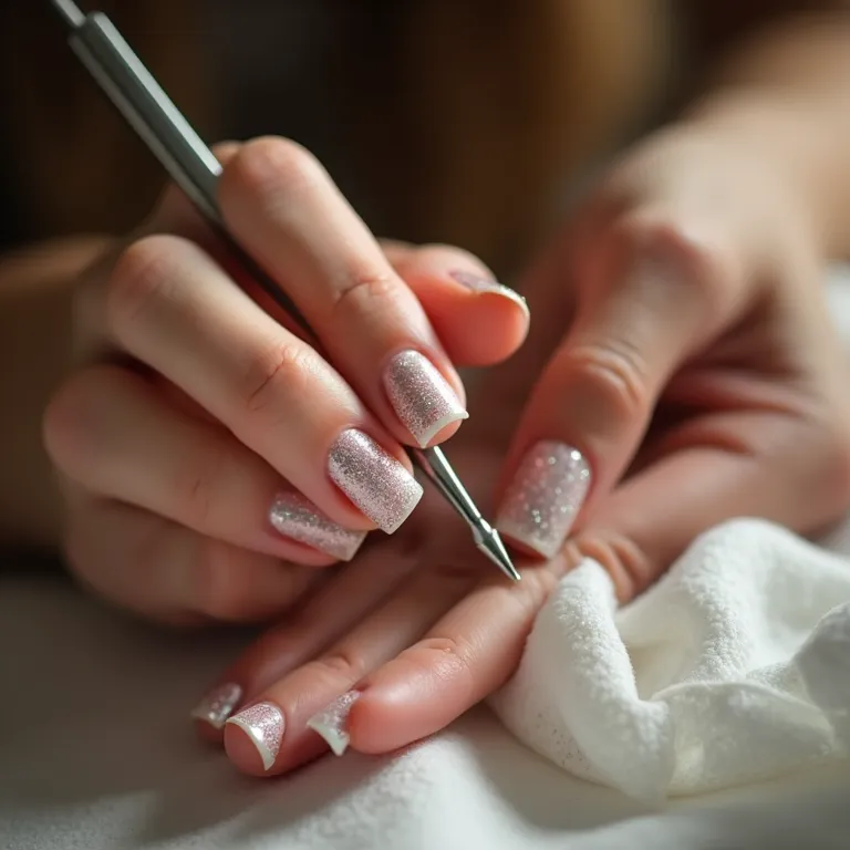 Aplicação de glitter em unhas francesinhas, design elegante e moderno.