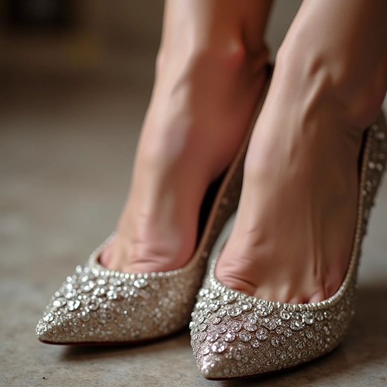 Aplicação de pedrarias e strass com esmalte em sapatos.