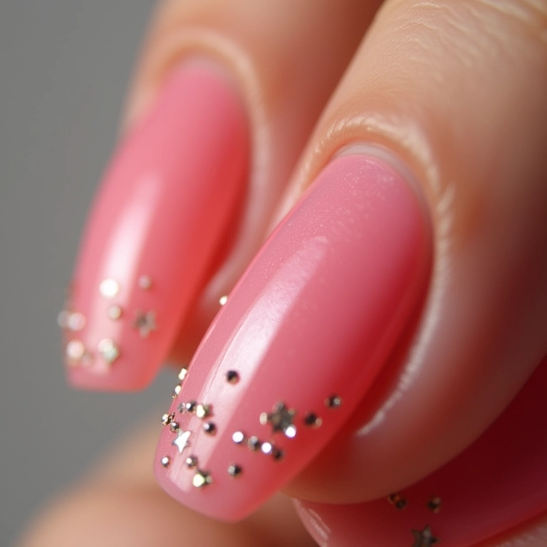 Aplicação de pedrarias pequenas em unhas de gel.
