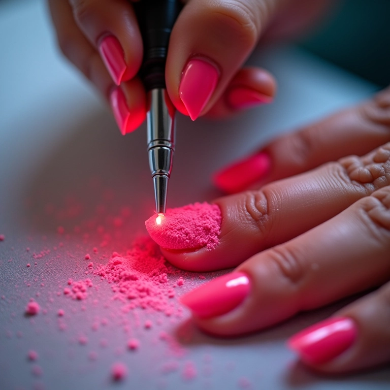 Aplicação do pó neon nas unhas.