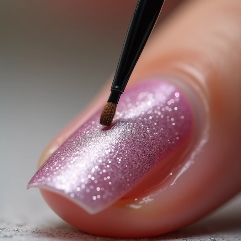 Aplicação uniforme de glitter em unhas.