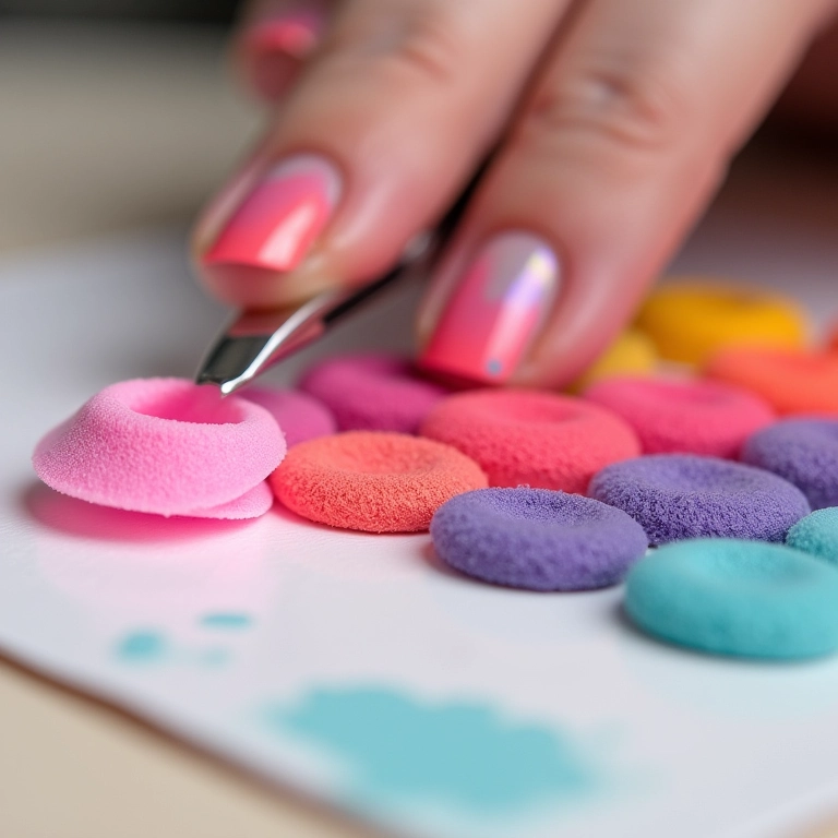 Aplicando esmaltes coloridos em uma esponja para nail art.