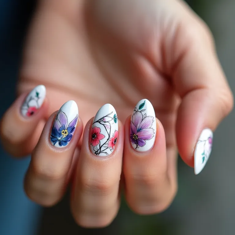 Arte nas unhas stiletto: desenhos florais vibrantes e únicos.