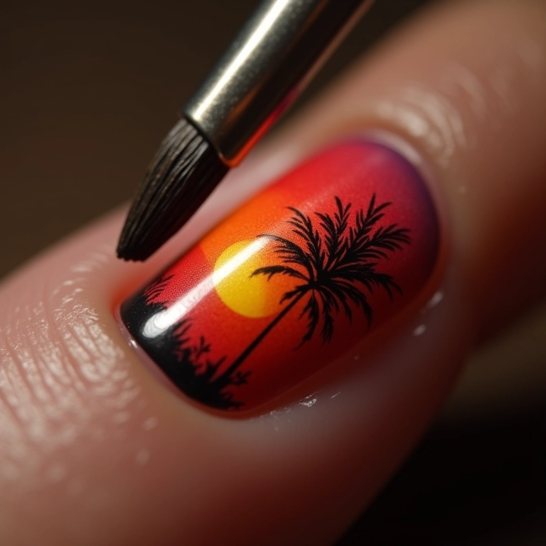 Artista de unhas pintando sol nas unhas com pincel.