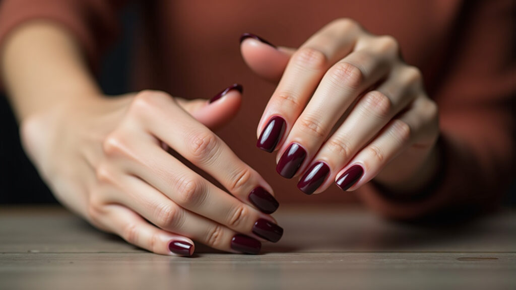 Autumn nails: burgundy polish, elegant, natural light, 8K, professional photography Unhas outono esmalte bordô