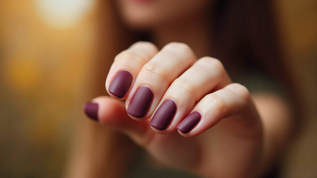 Autumn nails: matte finish, earth tones, natural light, 8K, professional photography Unhas outono esmalte fosco