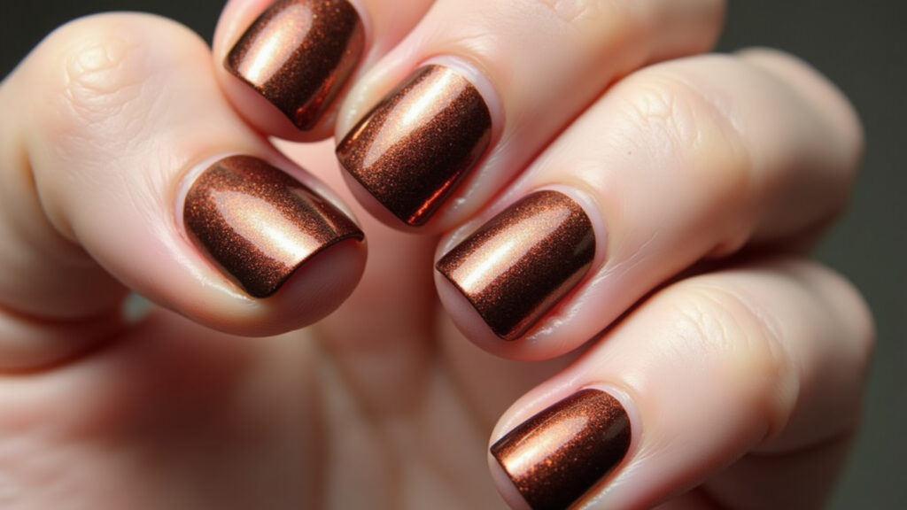 Autumn nails: metallic bronze polish, subtle shine, natural lighting, 8K, commercial photography Unhas outono esmalte metalizado bronze