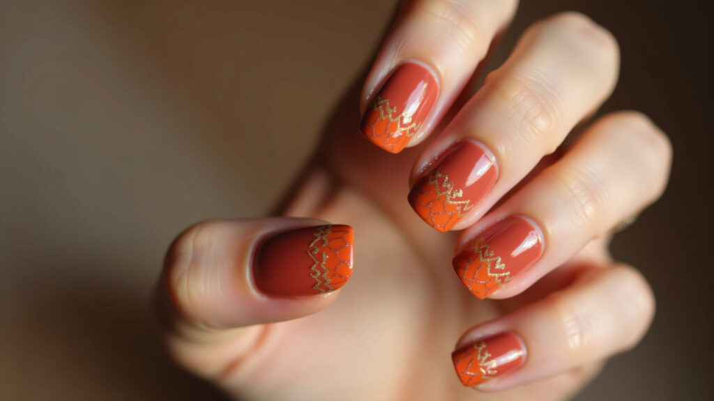 Autumn nails: terracotta shades, geometric design, natural light, 8K quality, lifestyle photography Unhas decoradas outono tons terrosos