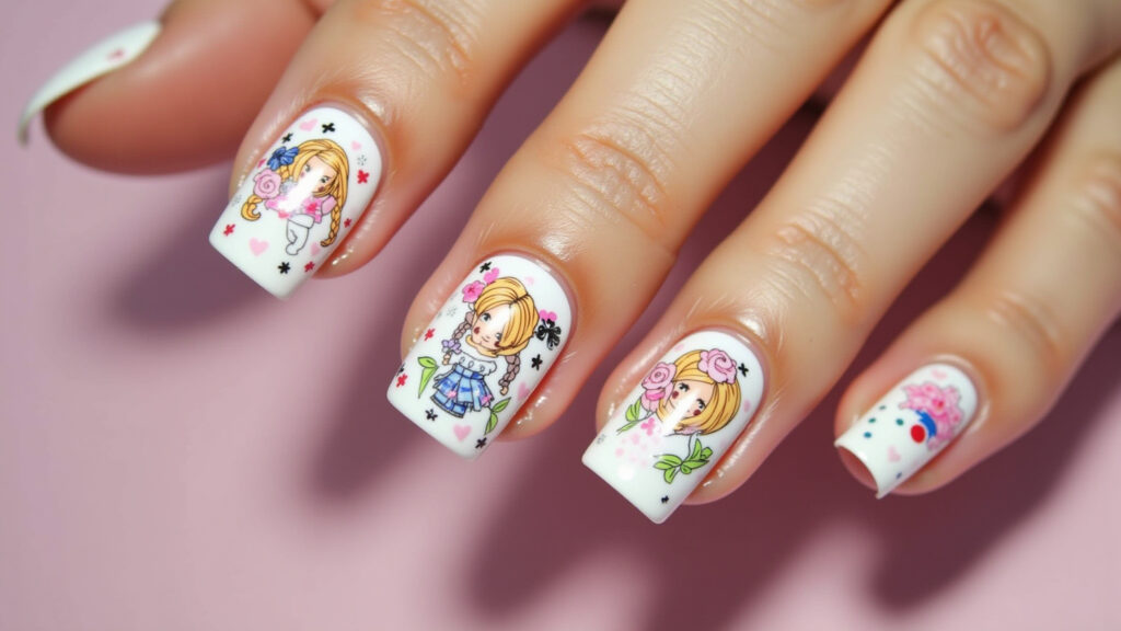 Barbie nail art with themed stickers, practical and creative, professional photography, 8K quality, Unhas Barbie com adesivos temáticos.